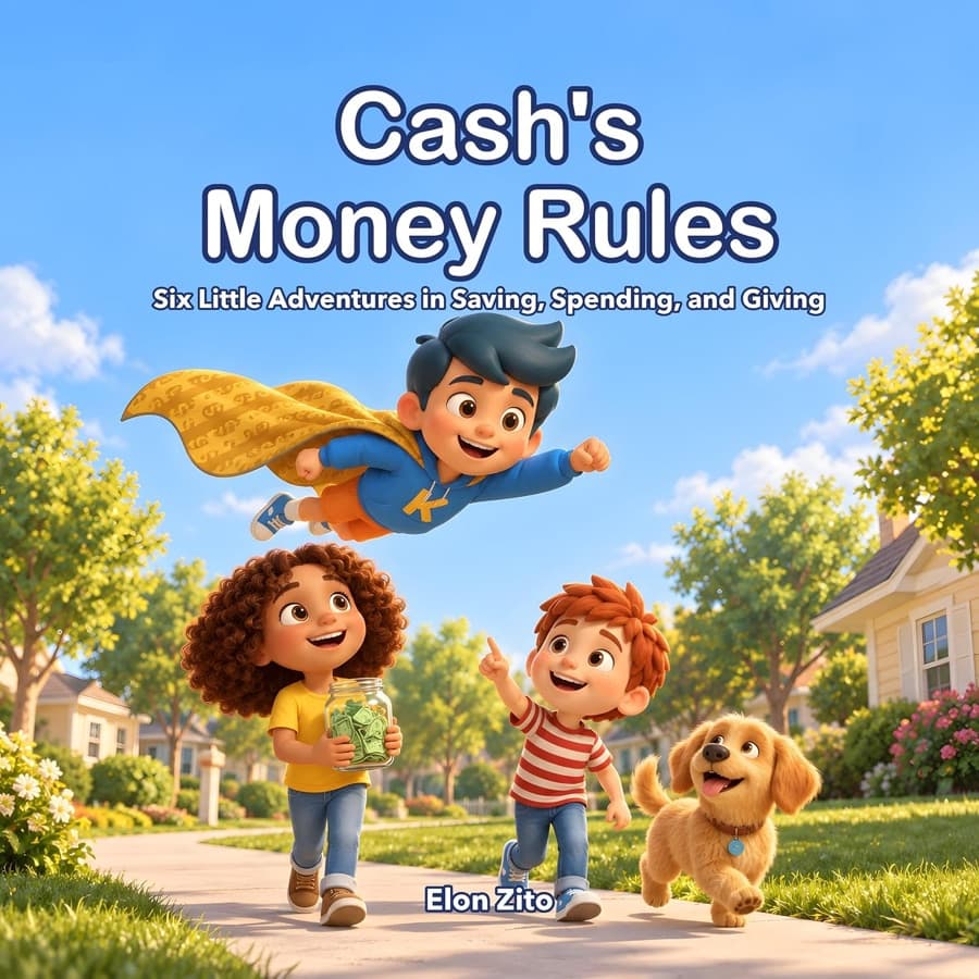 Cover of Cash's Money Rules: Cash the caped superhero flies over Maya, Leo and their dog Biscuit