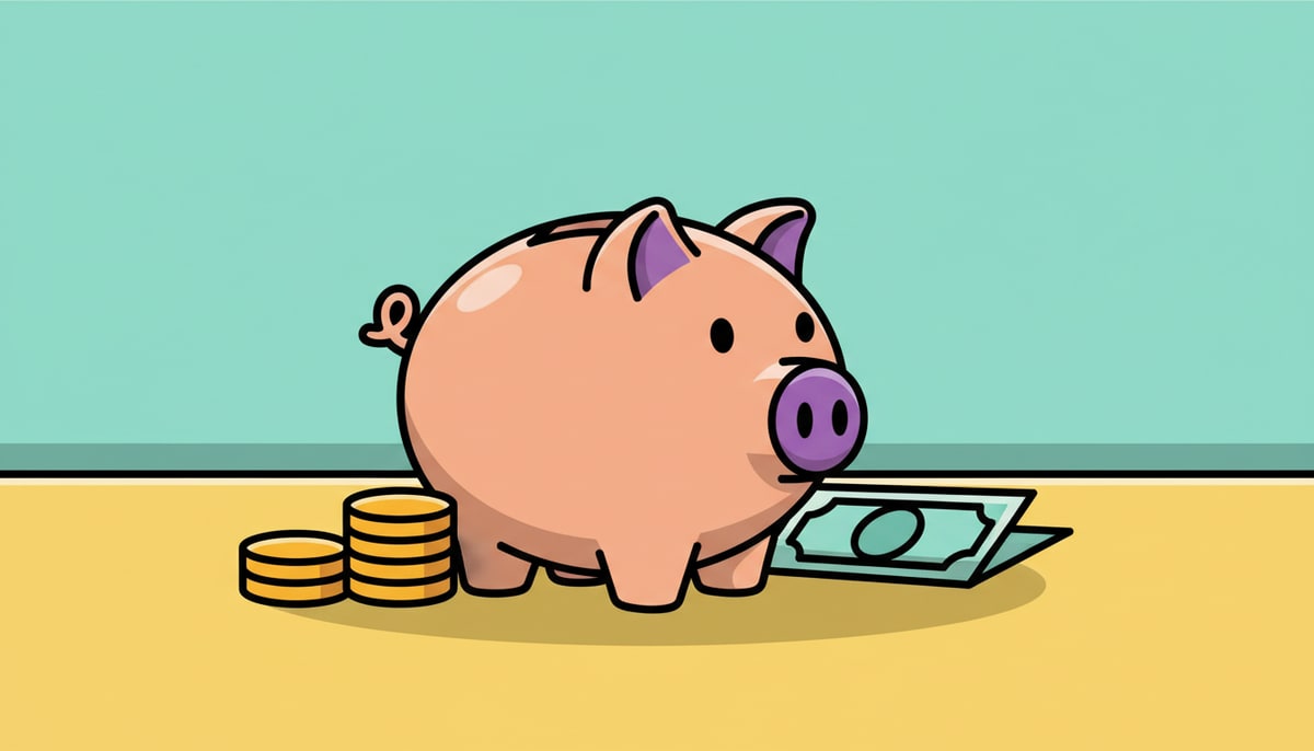 A piggy bank sits on a table, next to a small pile of coins and a single dollar bill.