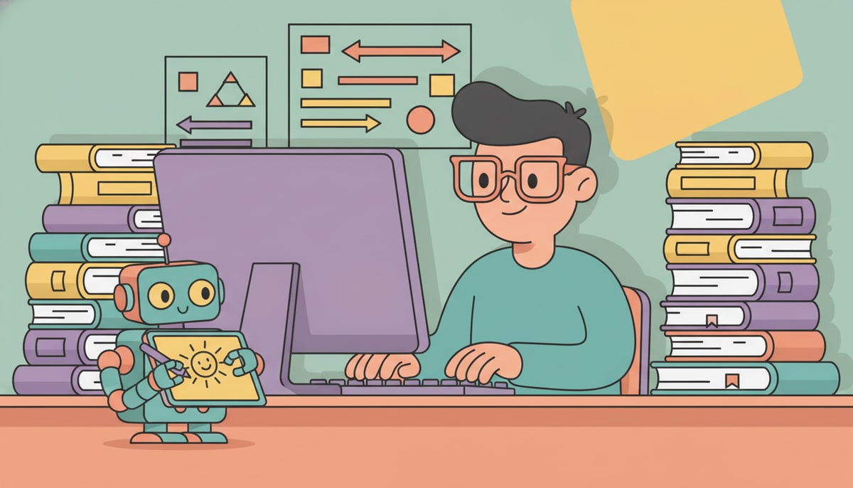 A busy person with glasses sits at a computer, surrounded by stacks of books and diagrams, while a tiny robot on their desk sketches a picture.