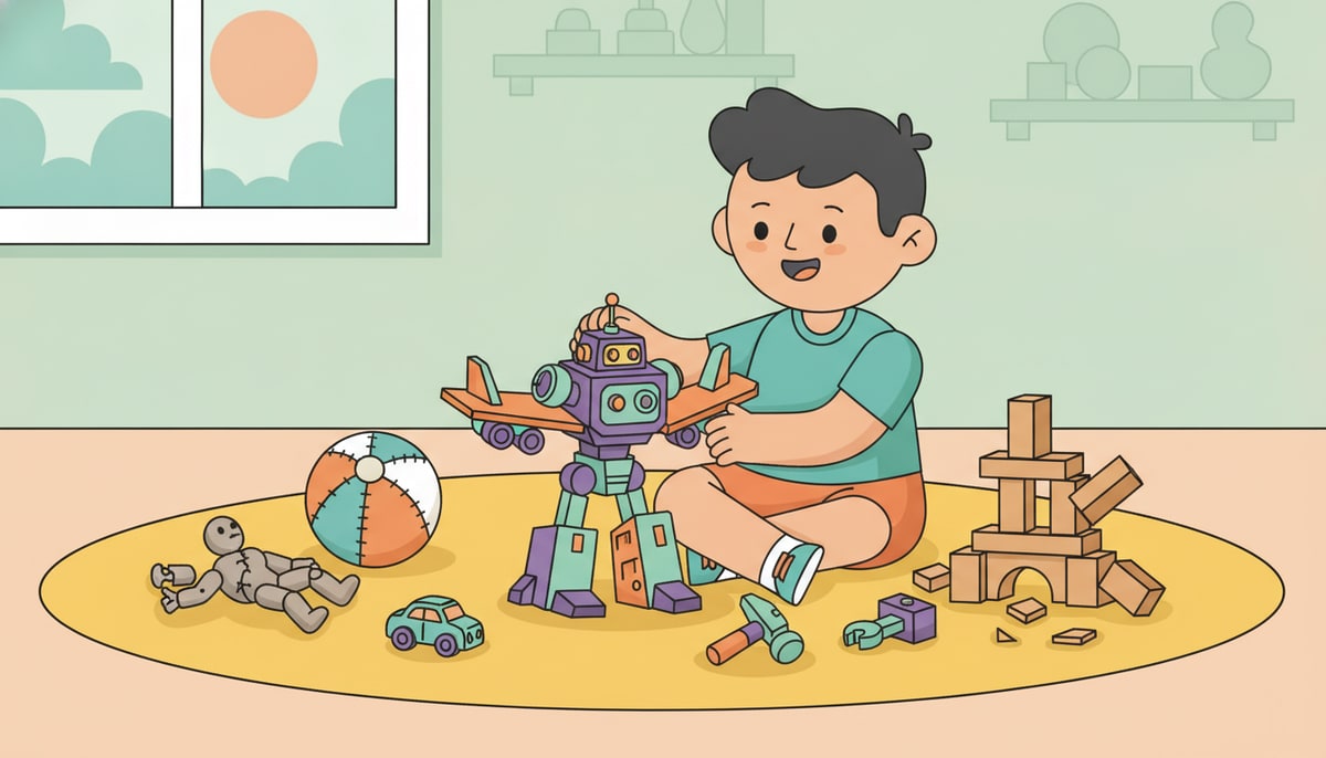 A child plays with a durable, multi-functional robot toy that transforms into different tools and vehicles, surrounded by other broken, outdated toys in a playroom.