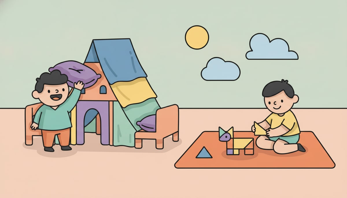 A child confidently builds an elaborate fort from blankets and pillows, while another child nearby solves a colorful tangram puzzle.