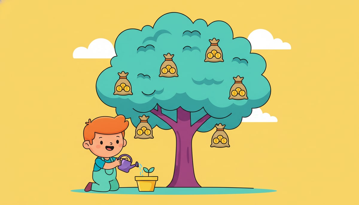 A child carefully waters a tiny seedling in a pot, while a massive, leafy tree with money bags hanging from its branches looms in the background.