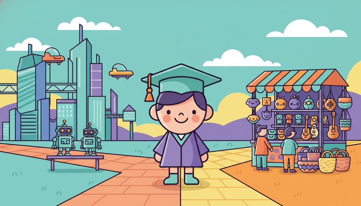A smiling kid wearing a graduation cap stands at a crossroads, one path leading to a futuristic city skyline with flying cars and robots, the other to a bustling market stall filled with unique, handcrafted items.