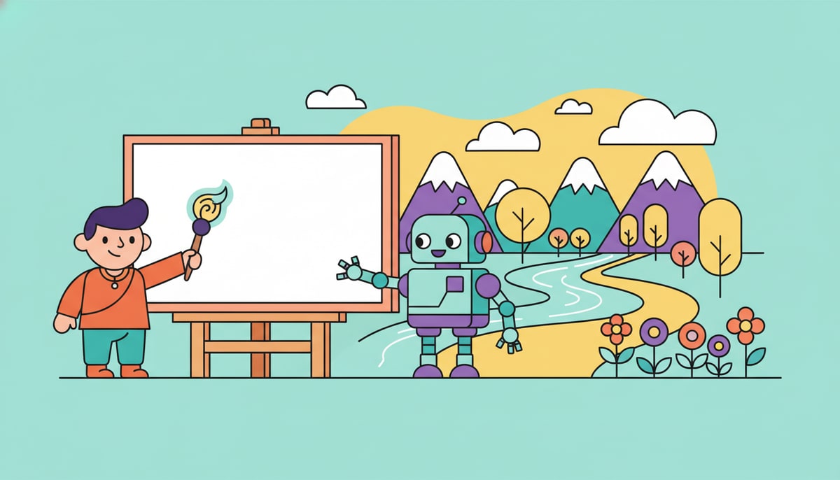 A child holds a magic paintbrush, poised over a blank canvas, while a friendly robot gestures towards a colorful landscape in the distance, suggesting what to paint.