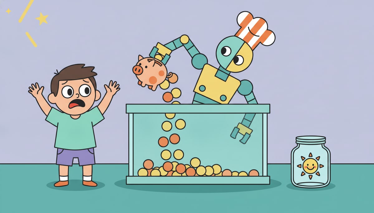 A child, eyes wide with alarm, watches as a small, clunky robot in an oversized chef's hat pours their entire piggy bank of coins into a giant, empty fish tank instead of a designated savings jar.