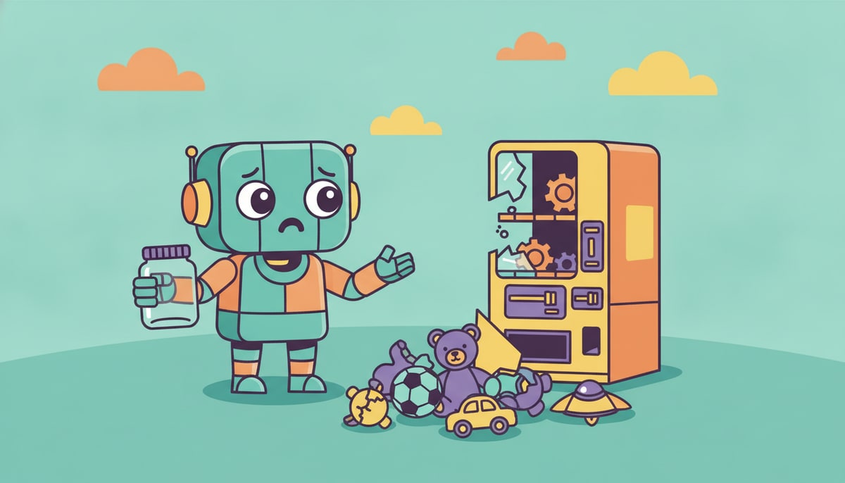 A small, cute robot with a worried expression stands next to a broken toy machine, holding an empty money jar and looking at a pile of scattered, broken toys on the floor.