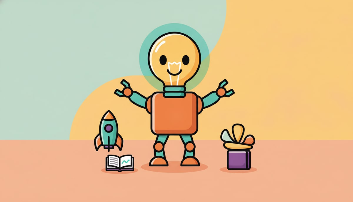 A friendly-looking robot with a lightbulb head is surrounded by various objects it has created: a miniature rocket ship, a tiny book with a wavy line "story," and a small, colorful abstract sculpture.