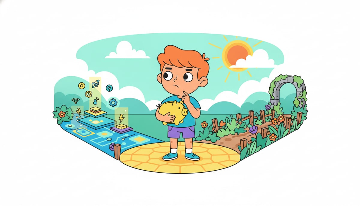A child stands at a crossroads, one path clearly labeled "AI Future" with glowing futuristic tech, while the other is an overgrown, traditional path, holding a piggy bank and looking thoughtful.