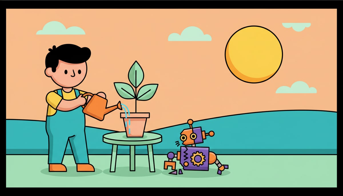 A child waters a small, healthy plant growing in a pot while a broken, discarded toy robot lies nearby.