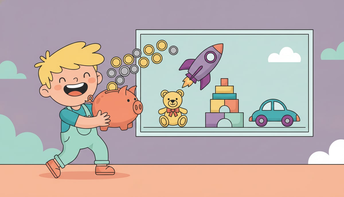 A happy child grins while holding a large, colorful piggy bank overflowing with coins, next to a toy store window displaying many appealing toys.