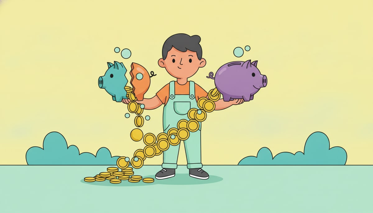 A happy child holds up two halves of a piggy bank, with a stream of coins overflowing from one half and flowing into a new, larger piggy bank held by their other hand.