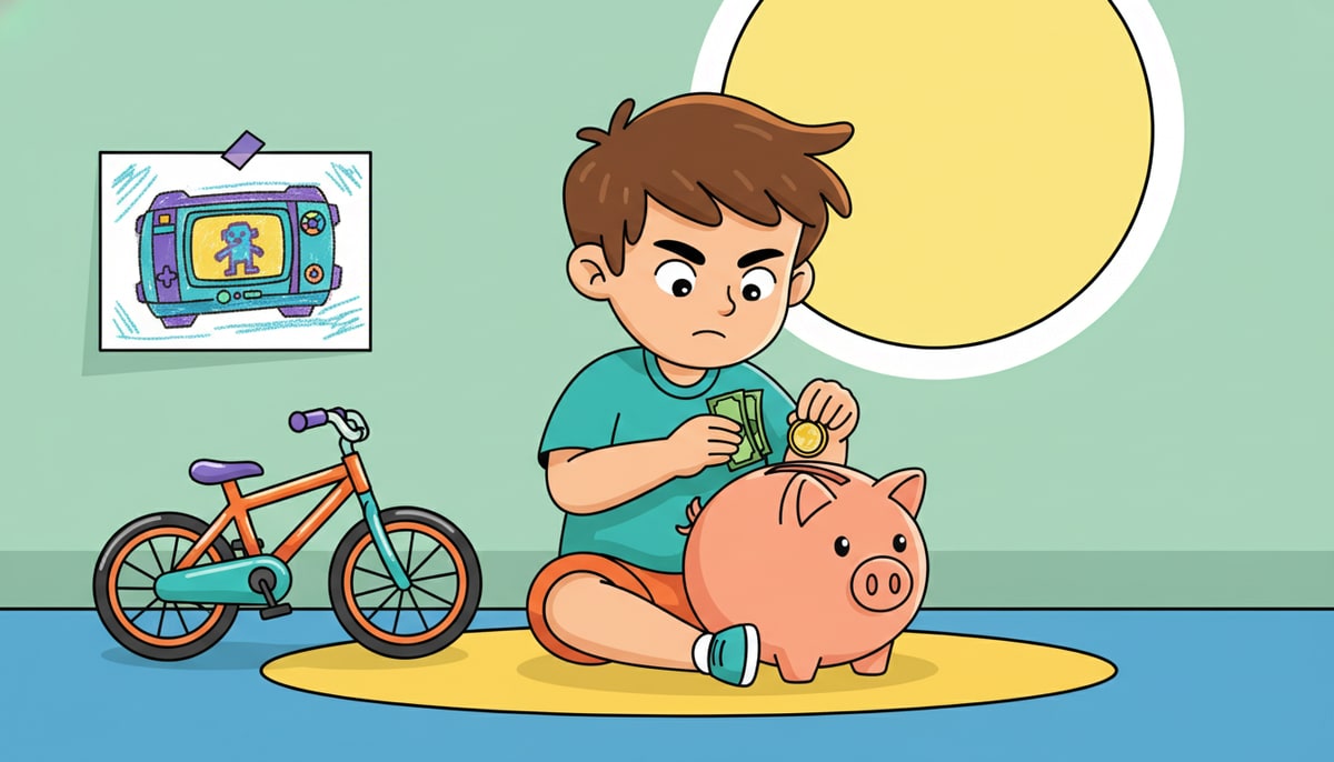 A kid with a determined expression counts a small stack of coins and bills in a piggy bank next to a colorful drawing of a new video game console and a shiny bike.