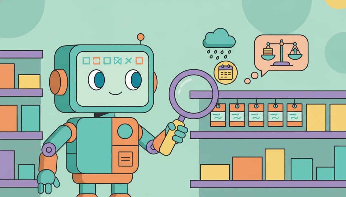 A friendly robot with a calculator for a head stands in a grocery aisle, holding a magnifying glass over price tags, while a tiny rain cloud hovers above a calendar icon and a thought bubble shows a balancing scale.