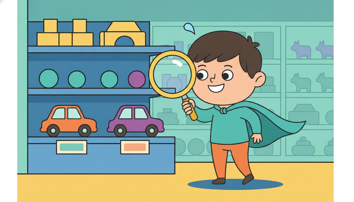 A determined kid, wearing a cape and carrying a magnifying glass, thoughtfully compares two identical toy cars with different price tags in a brightly lit store aisle.