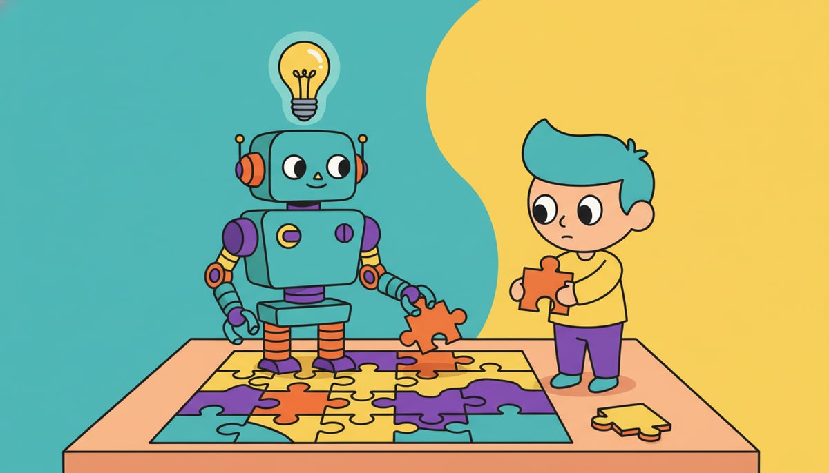 A friendly, simple robot with a lightbulb over its head quickly assembles a colorful, complex puzzle on a tabletop while a curious child watches, holding one last puzzle piece.