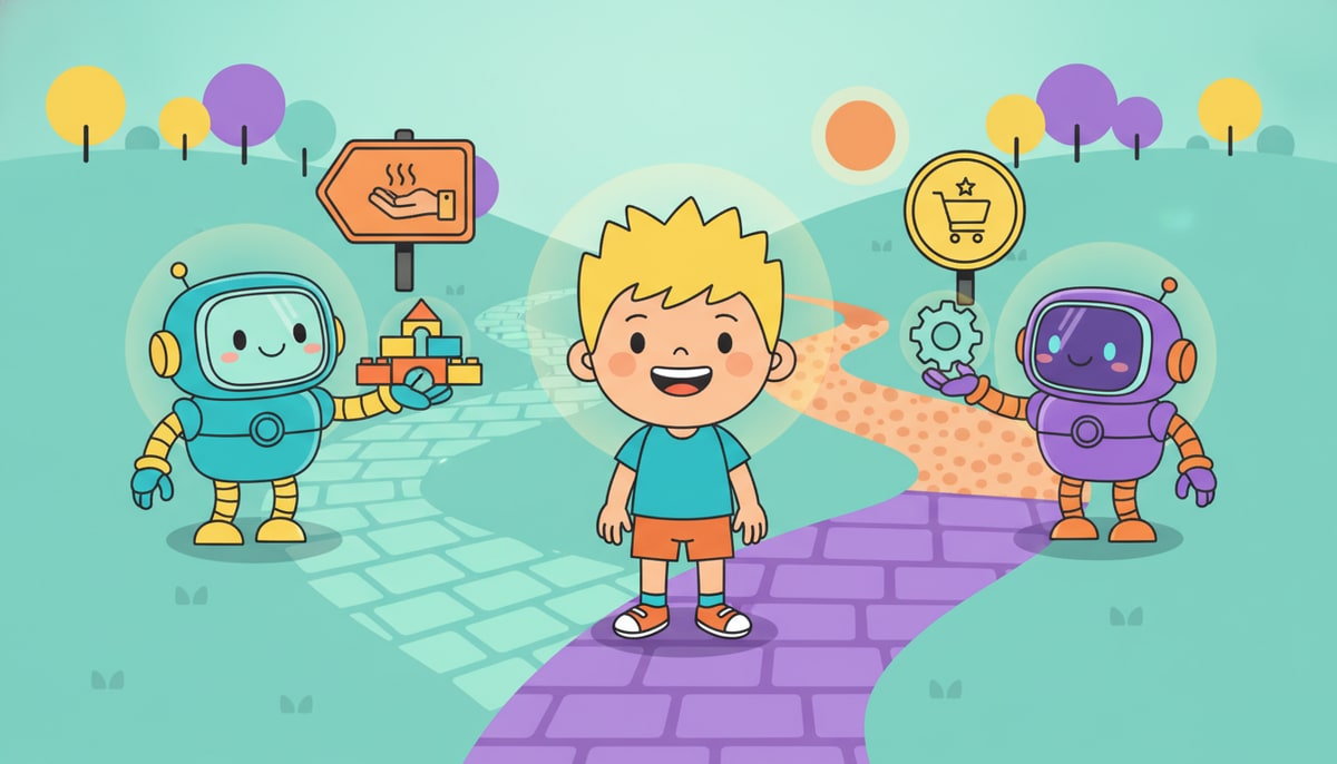 A kid stands at a fork in a road, one path clearly marked with a "free" sign and the other with a small, inviting "buy" sign, both leading to a glowing AI robot offering different tools.