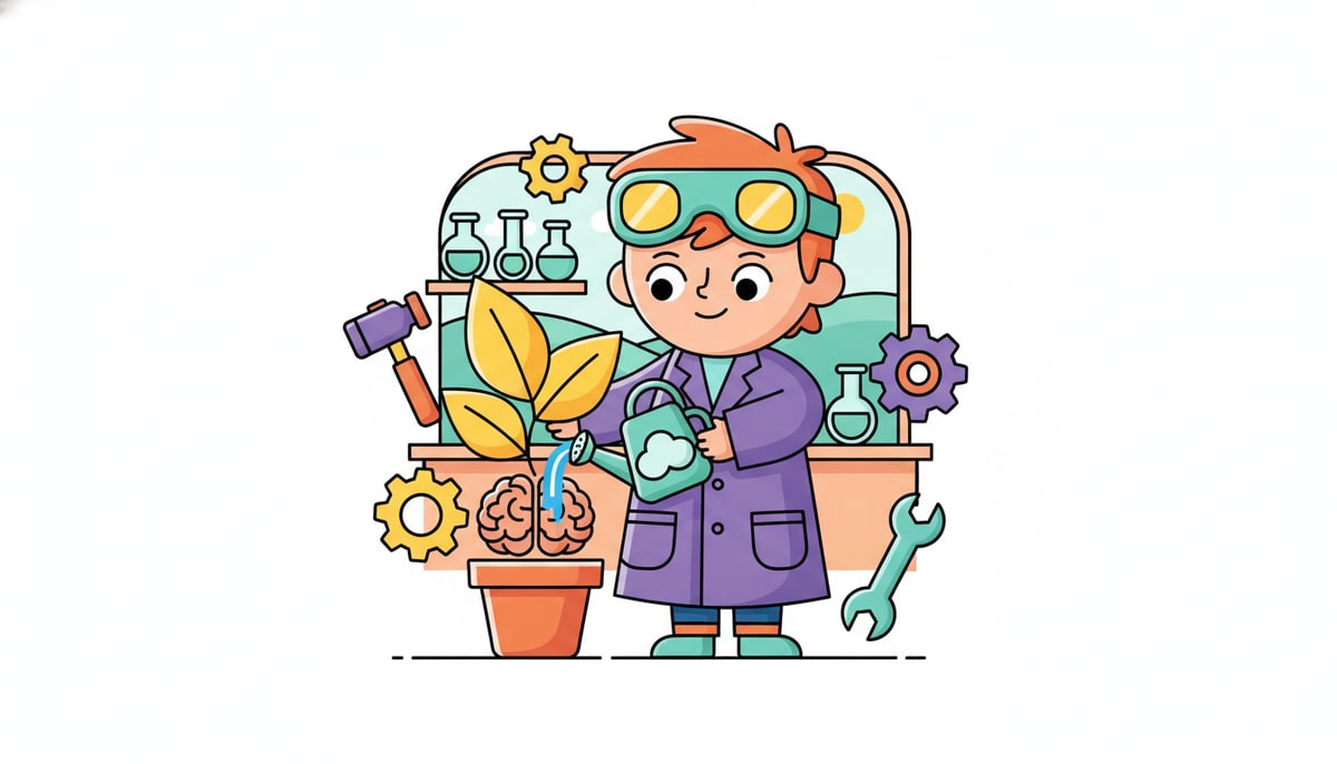 A child in a whimsical inventor's lab carefully waters a sprouting plant labeled with a stylized brain icon, surrounded by simple tools and gears.