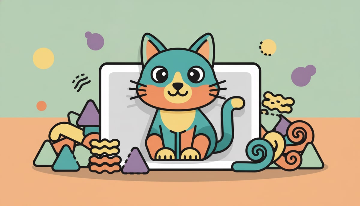 A friendly cartoon cat, made of simple geometric shapes, sits on a digital canvas surrounded by a messy pile of colorful, half-drawn cat ears, whiskers, and tails.