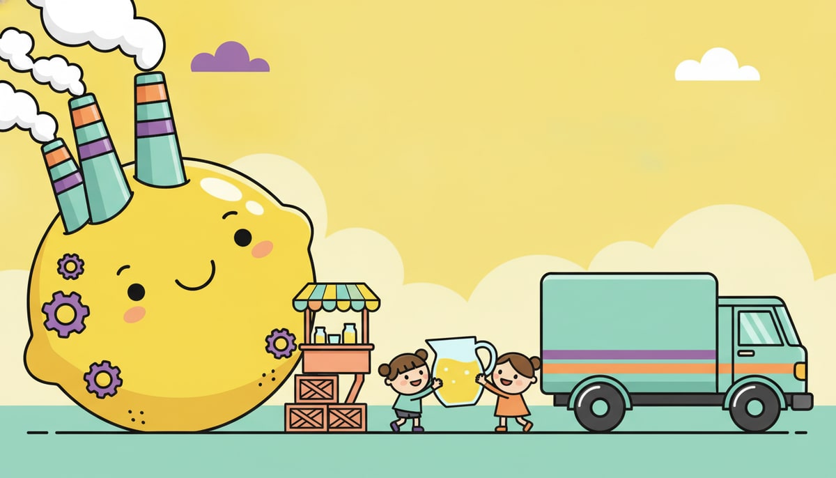 A colossal, smiling lemon-shaped factory with many smokestacks looms over a tiny, humble lemonade stand, which struggles to reach a delivery truck with "Giant Lemonade Co." emblazoned on its side.