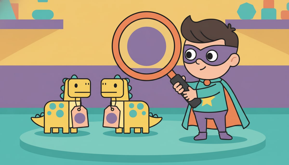 A young child, wearing a cape, holds up a magnifying glass to compare two identical toys, one with a much higher price tag.