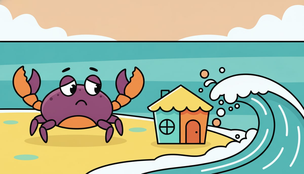A cute, slightly worried crab watches a small, colorful toy house on the sand's edge as a gentle wave begins to lap at its foundation.
