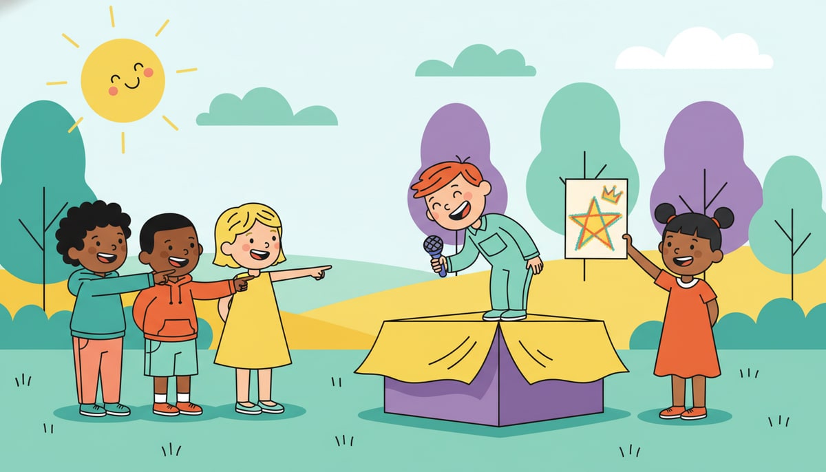Three diverse kids eagerly point at a makeshift stage where a fourth kid, holding a toy microphone, bows to an imaginary audience, while another friend holds up a "winner" drawing.