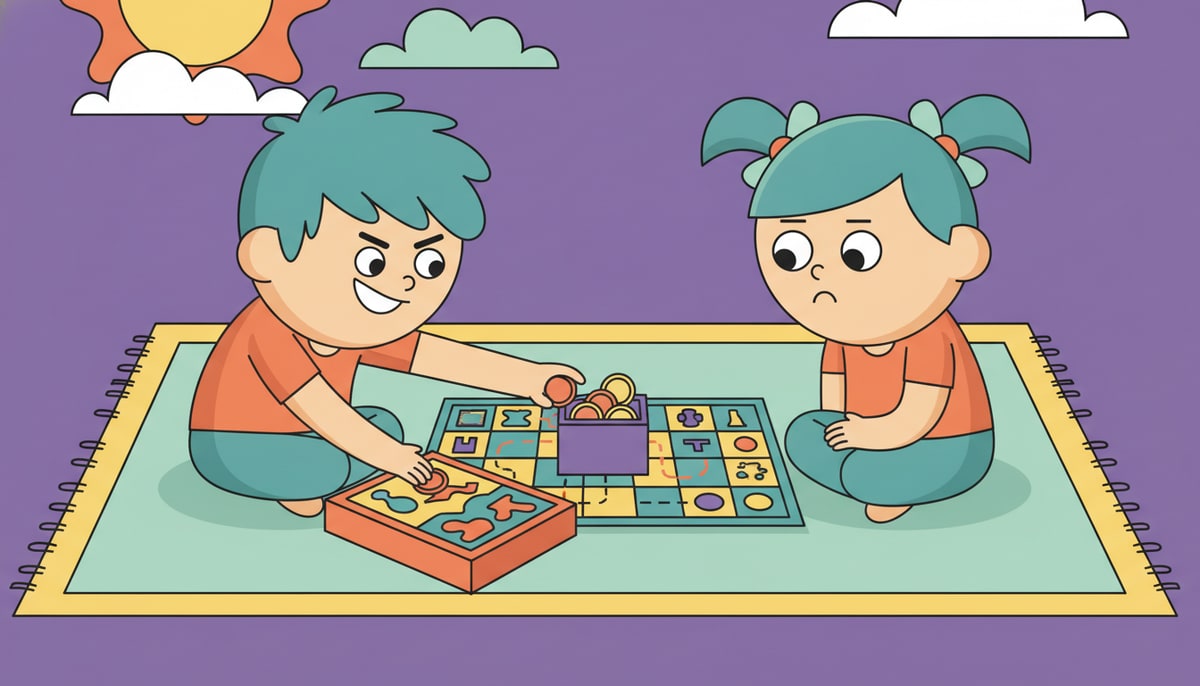 Two cartoon kids are playing a board game, one surreptitiously reaching into the game's money bank while the other looks on with a confused, slightly annoyed expression.