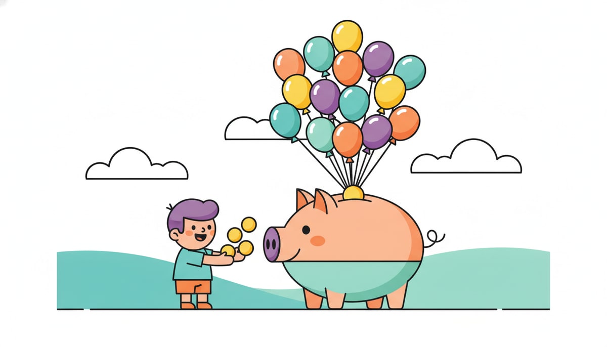 A small, smiling child offering a handful of shiny coins to a large, friendly-looking piggy bank that is overflowing with colorful balloons.