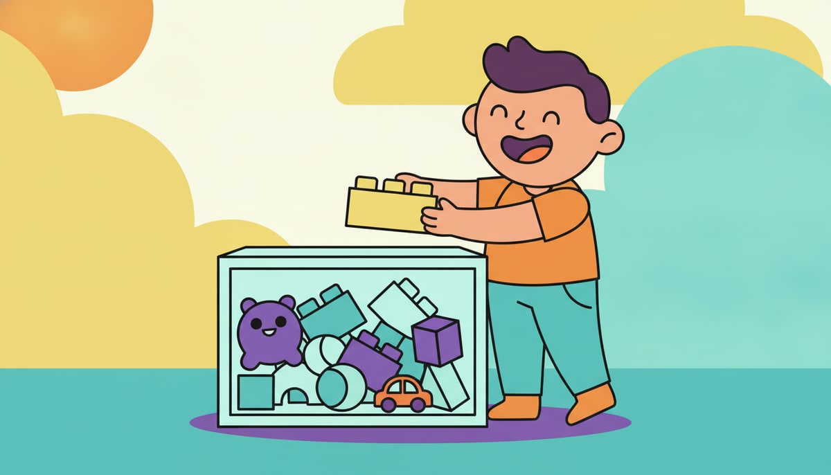 A child with a big smile happily places a colorful building block toy into a transparent donation box overflowing with other toys.
