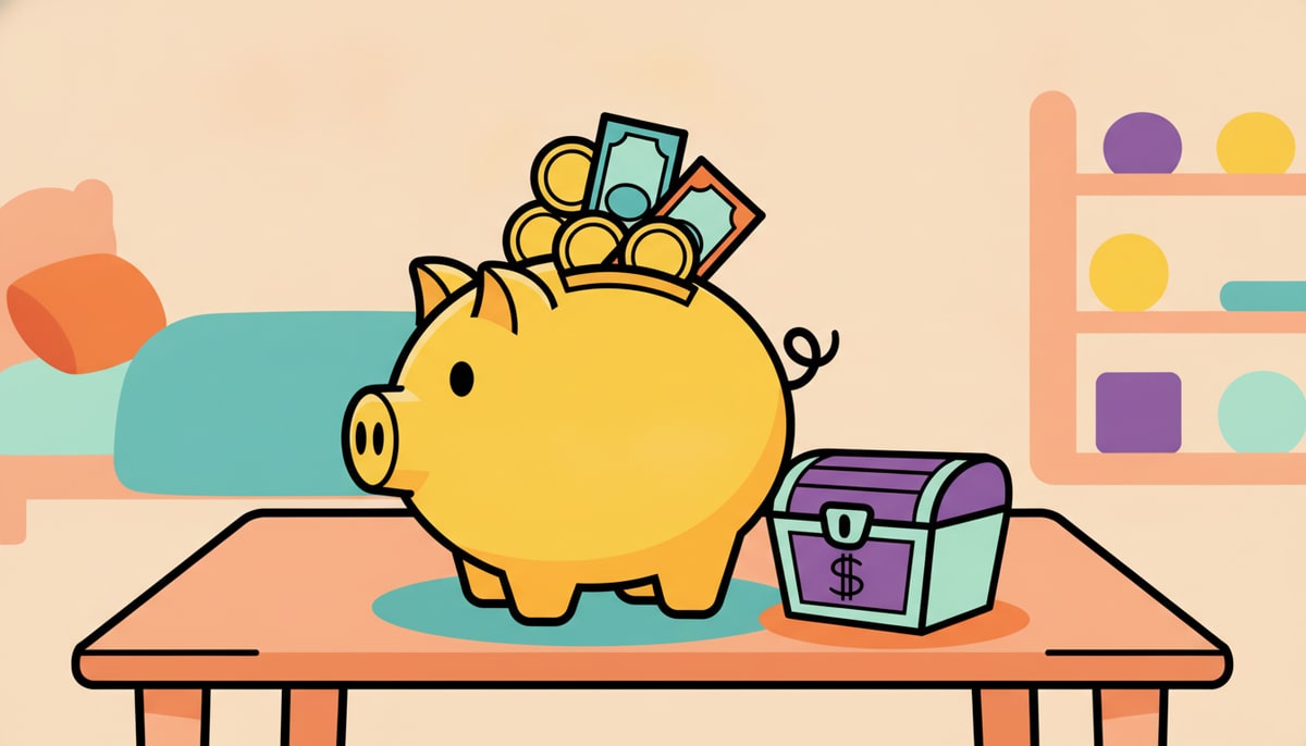 A piggy bank, visibly full of coins and a few folded bills, sits on a child's desk next to a smaller, empty toy chest labeled with a drawn dollar sign.