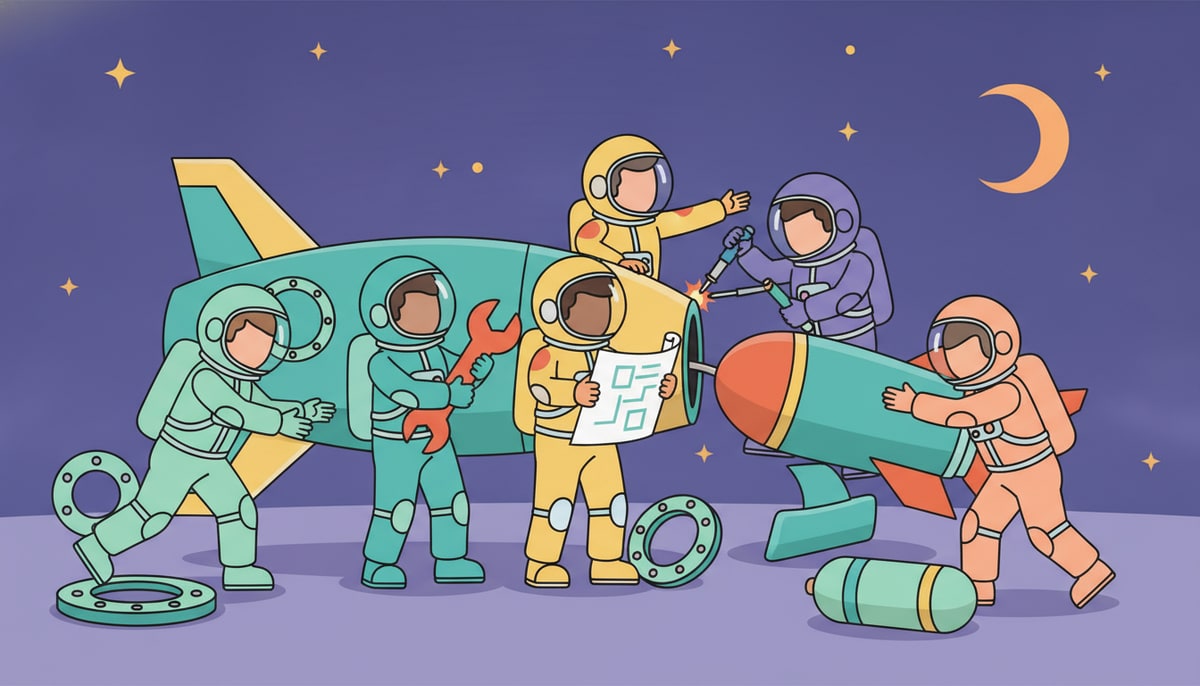 A diverse group of cartoon astronauts, each with a distinct tool (wrench, blueprint, soldering iron), collaborate to attach a rocket booster to a partially assembled spaceship, with other ship components scattered around them.