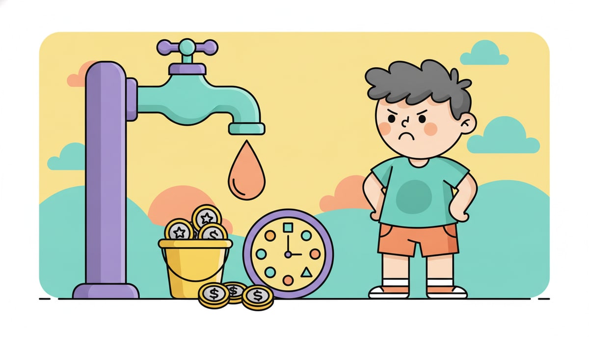 A kid with a frustrated expression watches a large, slowly dripping faucet, while a small, rapidly filling bucket overflows with coins next to a clock with no numbers.