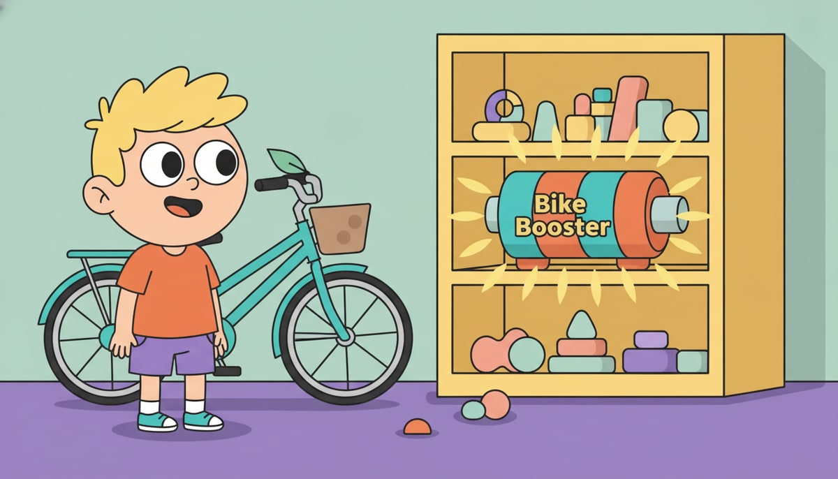 A wide-eyed child gazes longingly at a brightly colored, oversized "Bike Booster" accessory sparkling on a cluttered shelf in a toy store, while their old, perfectly functional bicycle sits nearby, looking a bit neglected.