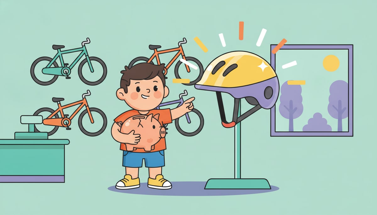 A child stands in a bike shop, thoughtfully looking at a sparkling new, oversized bike accessory while holding a small, well-loved piggy bank.