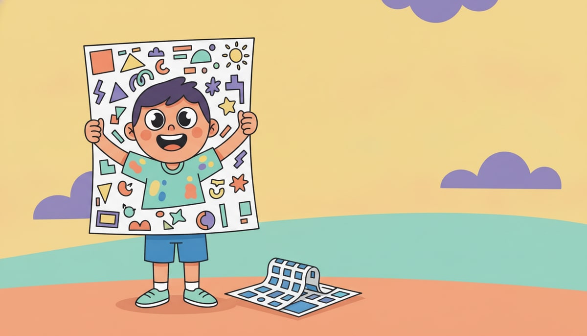 A kid with a paint-splattered shirt is proudly holding up a hand-drawn, brightly colored poster, while a discarded, unrolled store-bought poster lies crumpled nearby.
