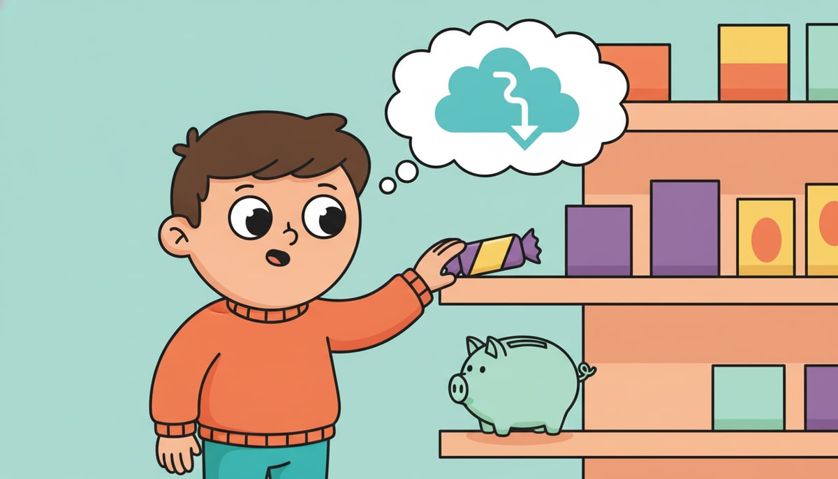 A child with wide eyes and a hand hovering over a candy bar on a store shelf, while a thought bubble above their head shows them taking a slow, deep breath, and a small piggy bank sits patiently beside them.