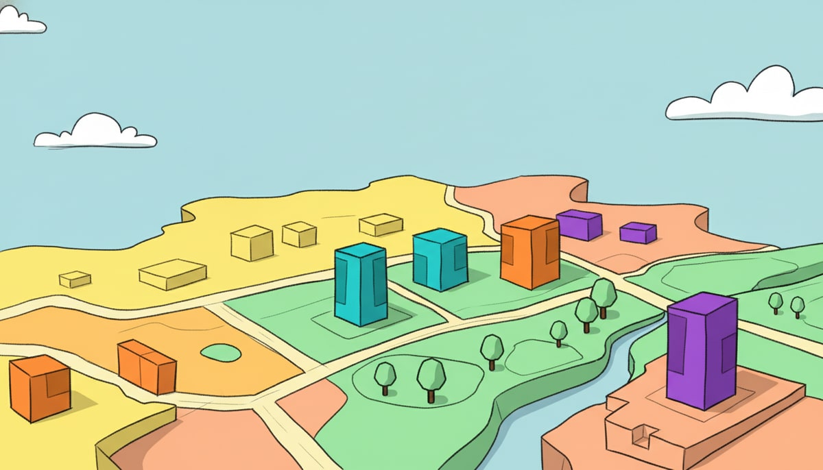 A simplified, blocky Minecraft-style map of a city layout, with faint pencil sketch lines indicating roads, parks, and buildings, overlaid on an unfinished terrain.