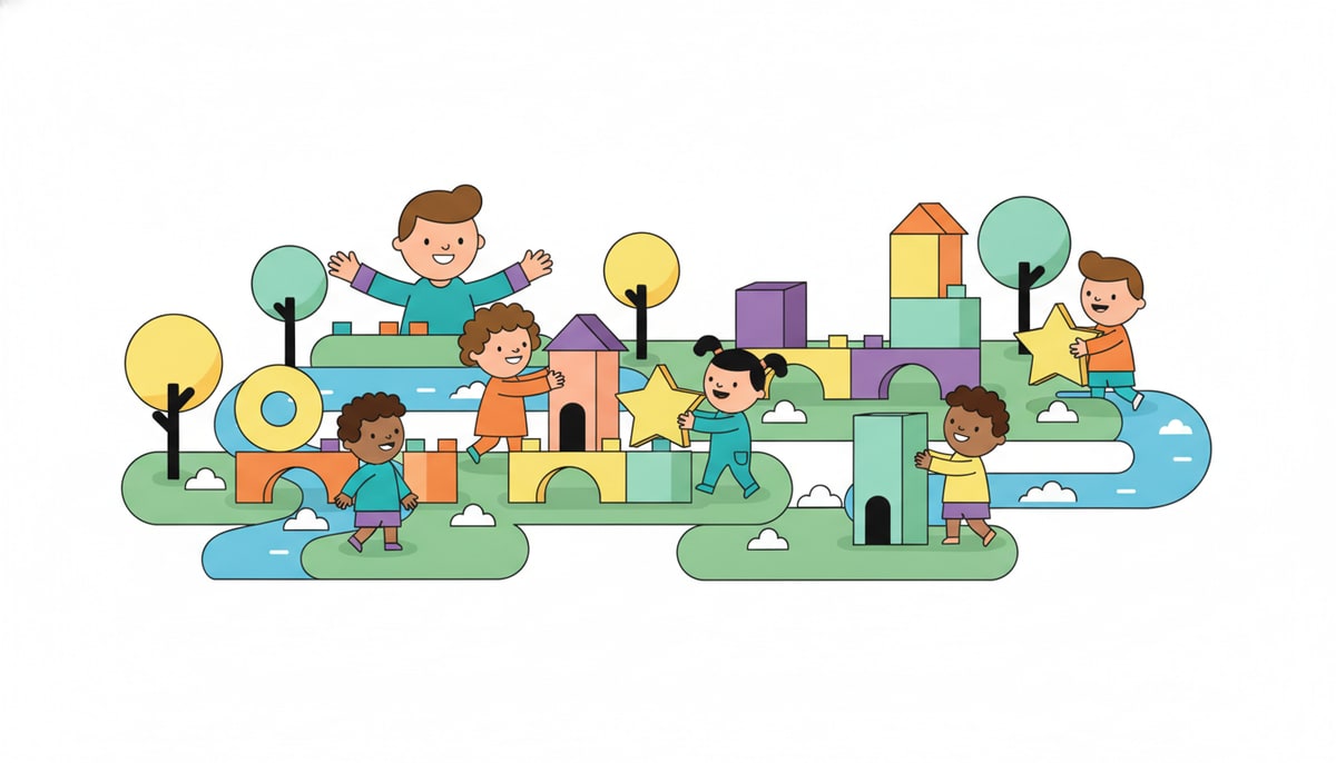 Kids of diverse backgrounds add colorful, varied toy houses to a large, growing community built from building blocks and natural elements like trees and rivers, overseen by a smiling adult.