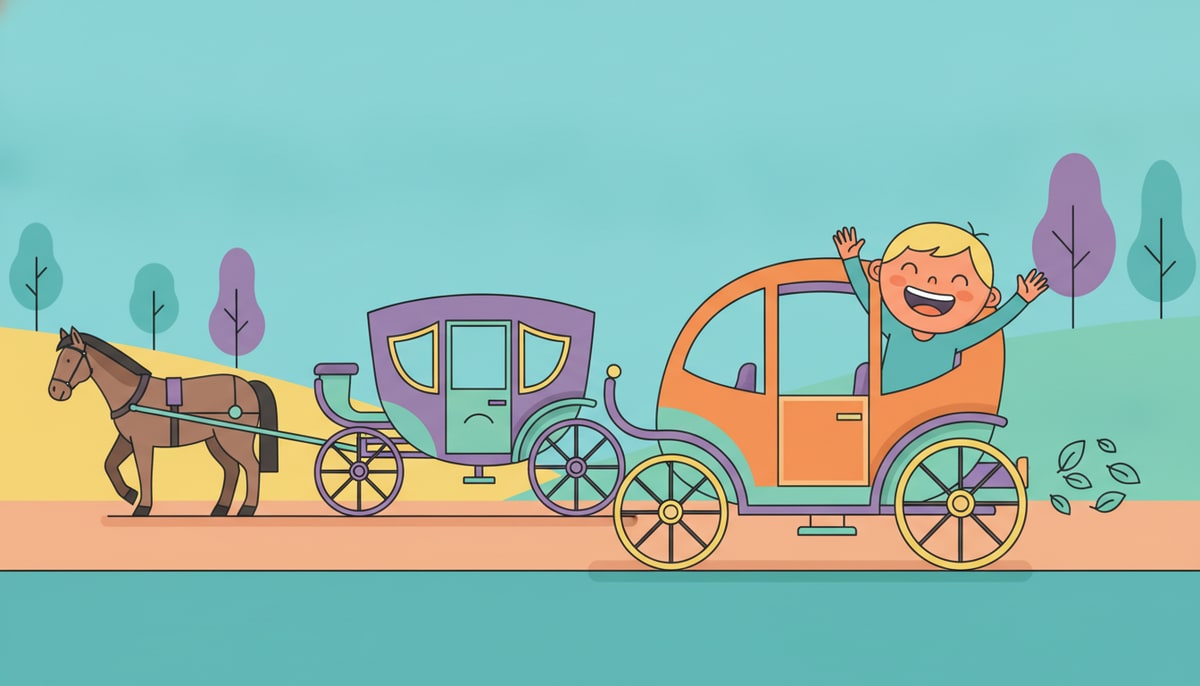 A modern electric carriage, resembling a sleek, open-air car, emits tiny green leaf "exhaust" while a happy child waves from its back, as a horse-drawn carriage in the background looks sad.