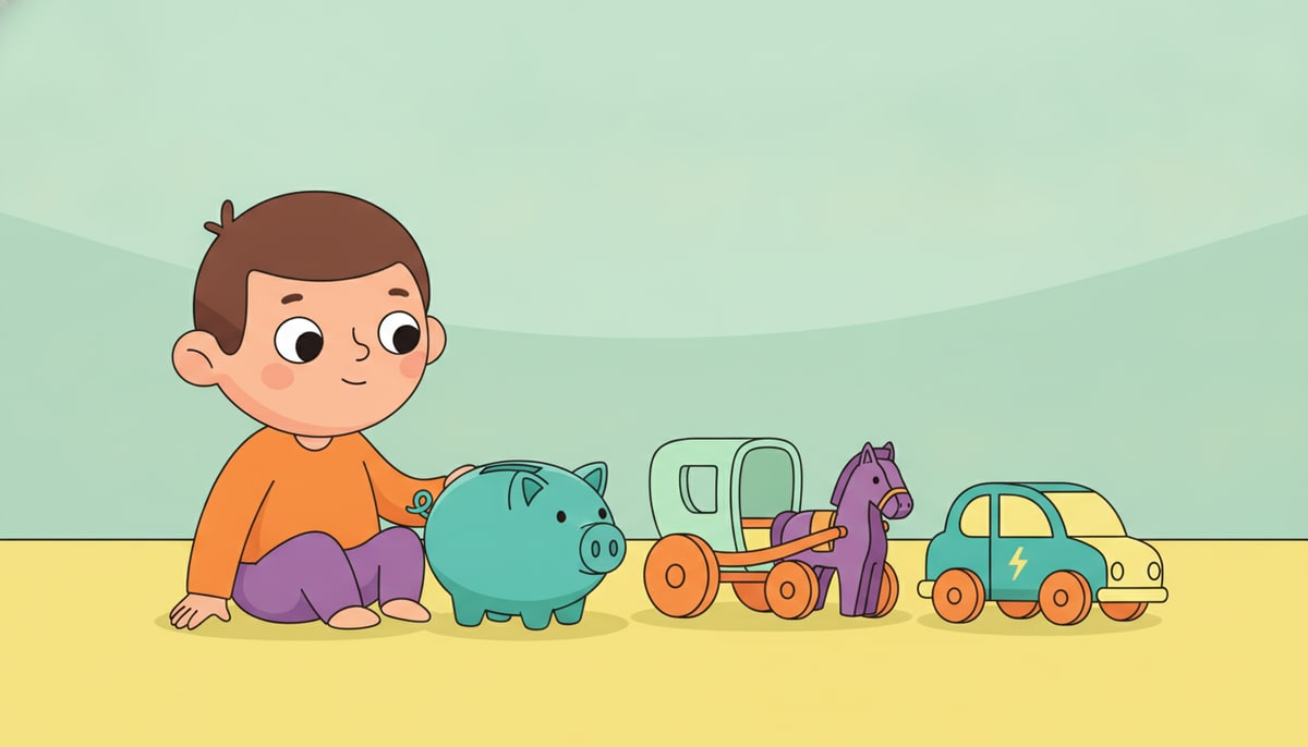 A child looks thoughtfully at an empty piggy bank next to a toy horse carriage and a modern toy electric car.
