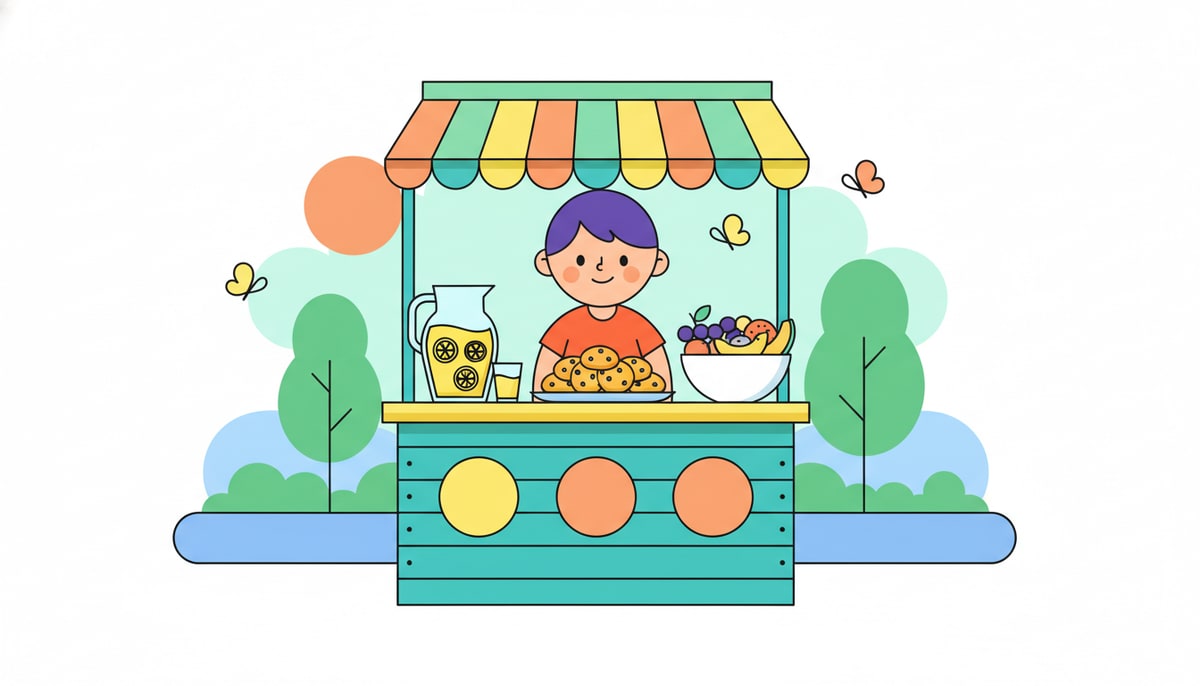 A child stands at a lemonade stand with three different types of snacks for sale: lemonade, cookies, and a bowl of fruit.