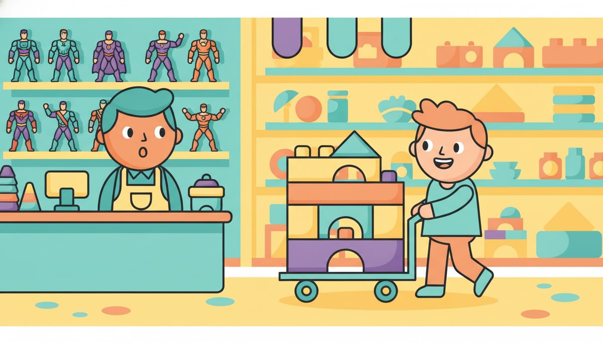 A toy store employee, surrounded by superhero action figures, looks surprised as a new display of building blocks is wheeled in by another employee.