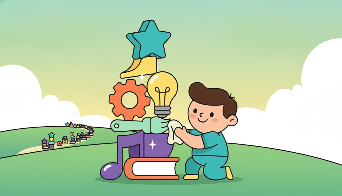 A kid meticulously polishes a gleaming stack of uniquely shaped, colorful skill blocks, each representing a different ability, while a path of similar blocks leads into the distance.