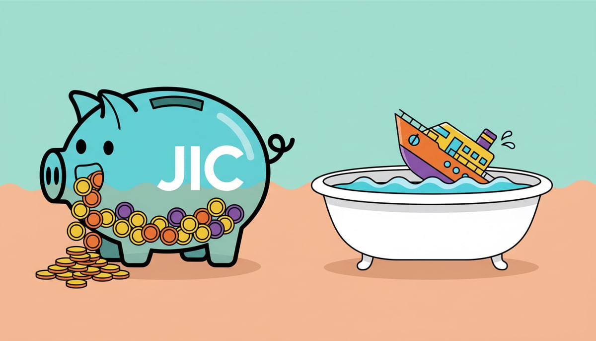 A transparent piggy bank labeled with a simple "JIC" symbol (representing "Just In Case") overflows with coins, next to a miniature toy cruise ship tilted precariously in a bathtub.
