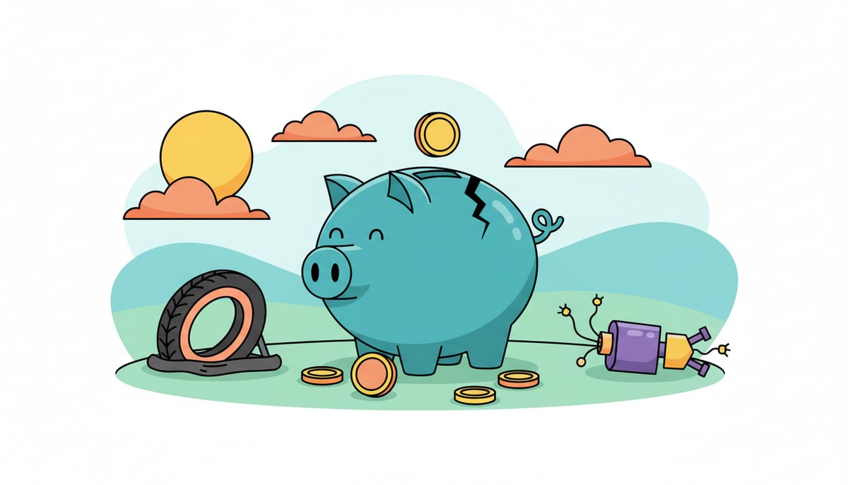 A child's piggy bank, slightly cracked with a few coins spilling out, sits next to a small, deflated bike tire and a broken toy robot arm.