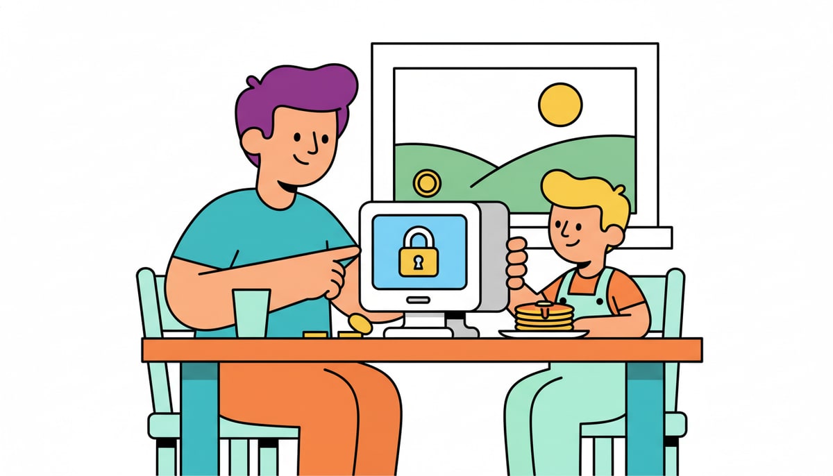 A parent and child are sitting together at a kitchen table, looking at a piggy bank shaped like a computer monitor with a small, friendly-looking digital lock icon on its screen.