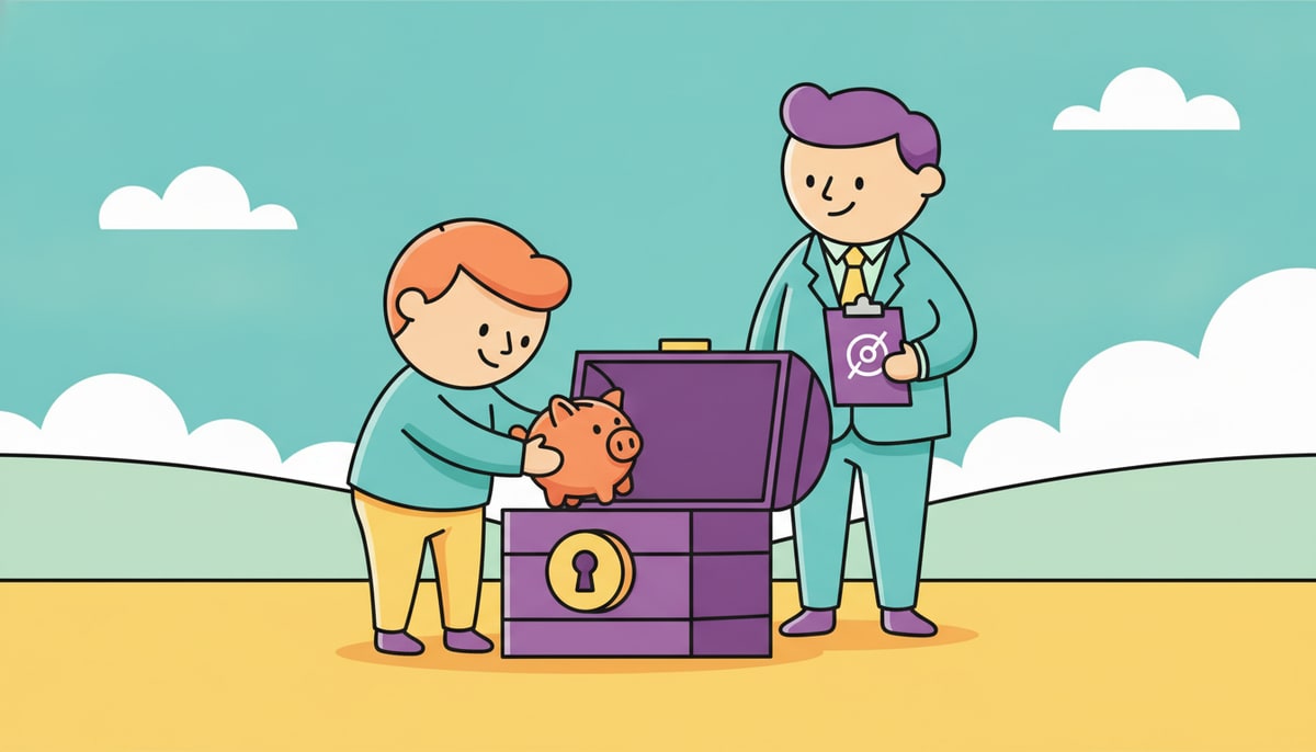 A child carefully places a small piggy bank into a safe, lockable box, while a friendly, cartoon-style Census Bureau agent (without identifying features) observes from a respectful distance.