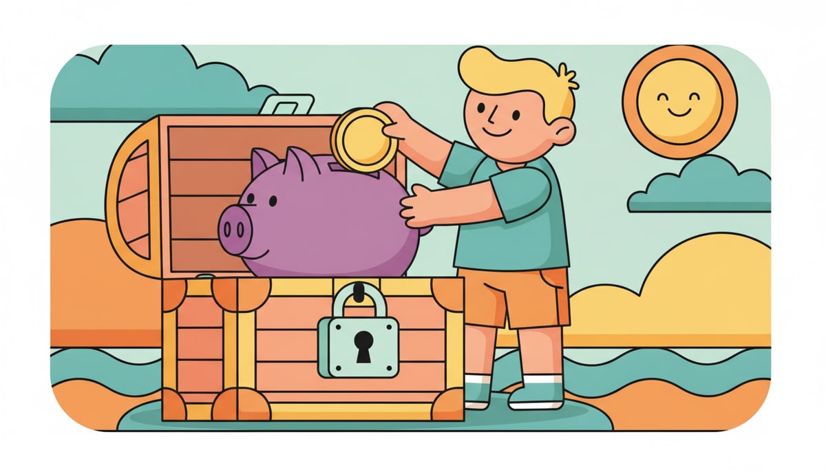 A child carefully places a coin into a piggy bank, which is safely tucked away inside a locked treasure chest.