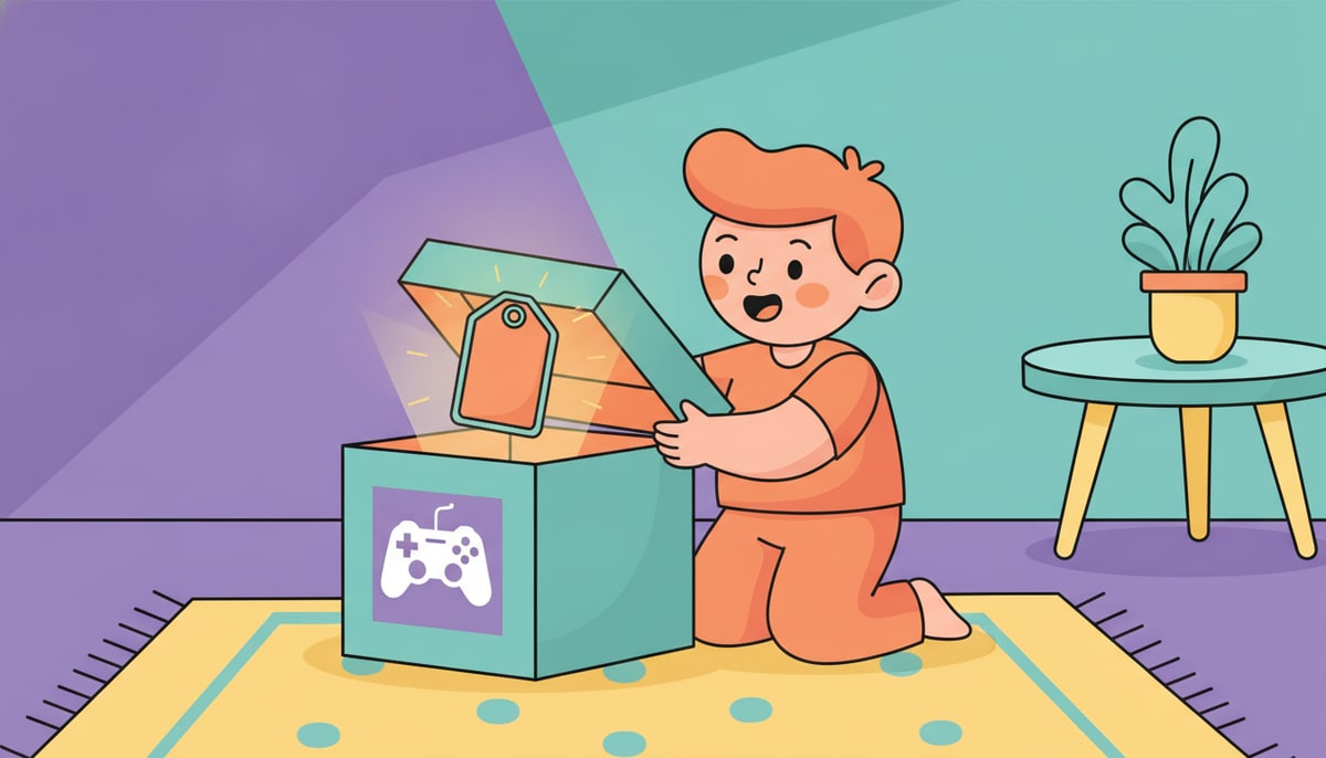 A child excitedly opens a gift box labeled with a generic gamepad icon, only to find a small, glowing "rental" tag floating above an empty space inside.