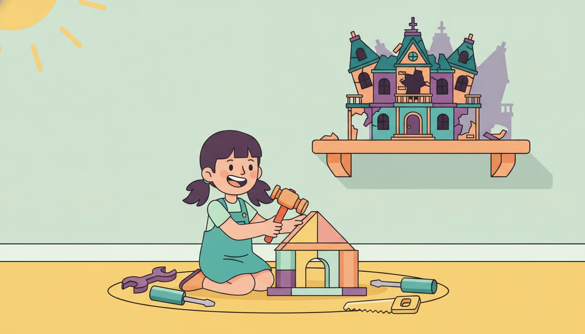 A young girl happily builds a wooden toy house using various colorful tools, while a much larger, ornate but broken toy house sits in the background, out of reach on a high shelf.